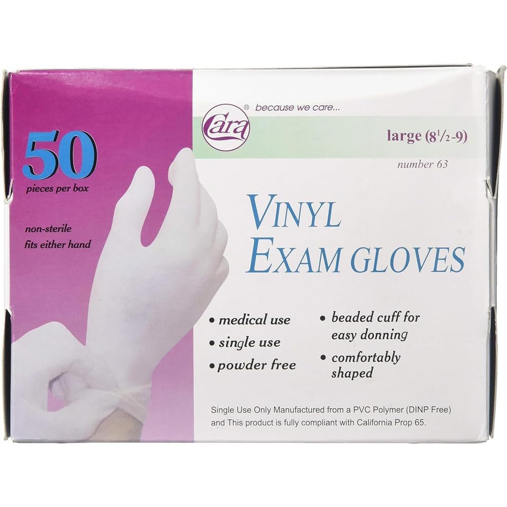 Cara Vinyl gloves fits either hands, Non-sterile, large, 8 1/2 to 9 - 50 ea