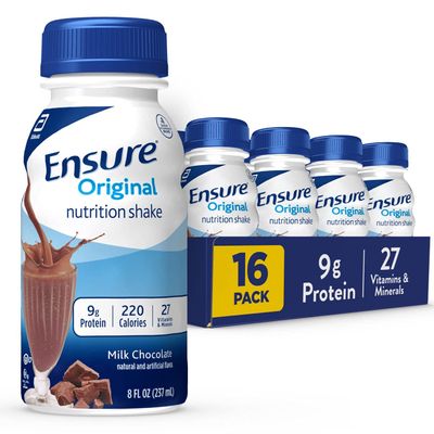 Ensure Original Milk Chocolate Nutrition Shake | Small Meal Replacement Shake | Ready To Drink | 9g Protein, 27 Vitamins and Minerals | 8 fl oz - 16 Pack