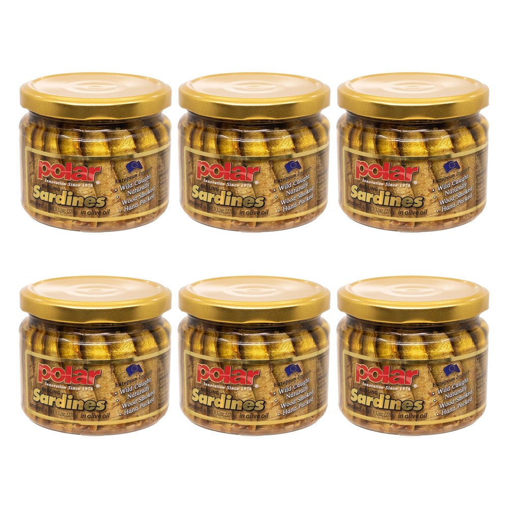 MW Polar Naturally Alder Wood Smoked Brisling Sardines in Olive Oil, 9.5oz Jar (Pack of 6) | Kosher Friendly, Wild-Caught, Hand-Packed, High in Omega-3, Keto, Paleo, Gluten-Free, Non-GMO