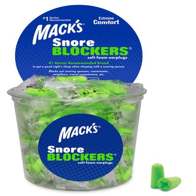 Mack's Snore Blockers Soft Foam Earplugs, 100 Pair Tub Individually Wrapped 32 dB High NRR, 37 dB SNR Comfortable Ear Plugs for Sleeping, Snoring, Loud Noise and Travel