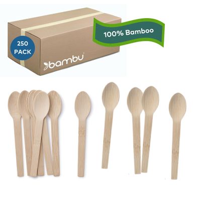 Bambu Pack of 250 - Bamboo Spoons Disposable Set, Biodegradable Eco Friendly Products, Bamboo Utensils for Events, Compostable Cutlery - Bulk Case