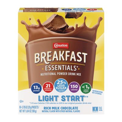 Carnation Breakfast Essentials Light Start Nutritional Powder Drink Mix Rich Milk Chocolate, 8 Count Box of 0.705 oz Packets (Pack of 8 Boxes)