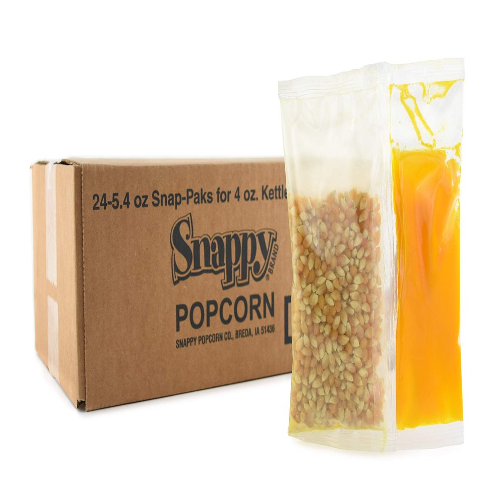 Snappy Snap-Paks, All in One Yellow Popcorn Portion Packets for Popping Machine (4 oz.) with Movie Theater Kernels, Salt, and Coconut Oil, 24 Case Count