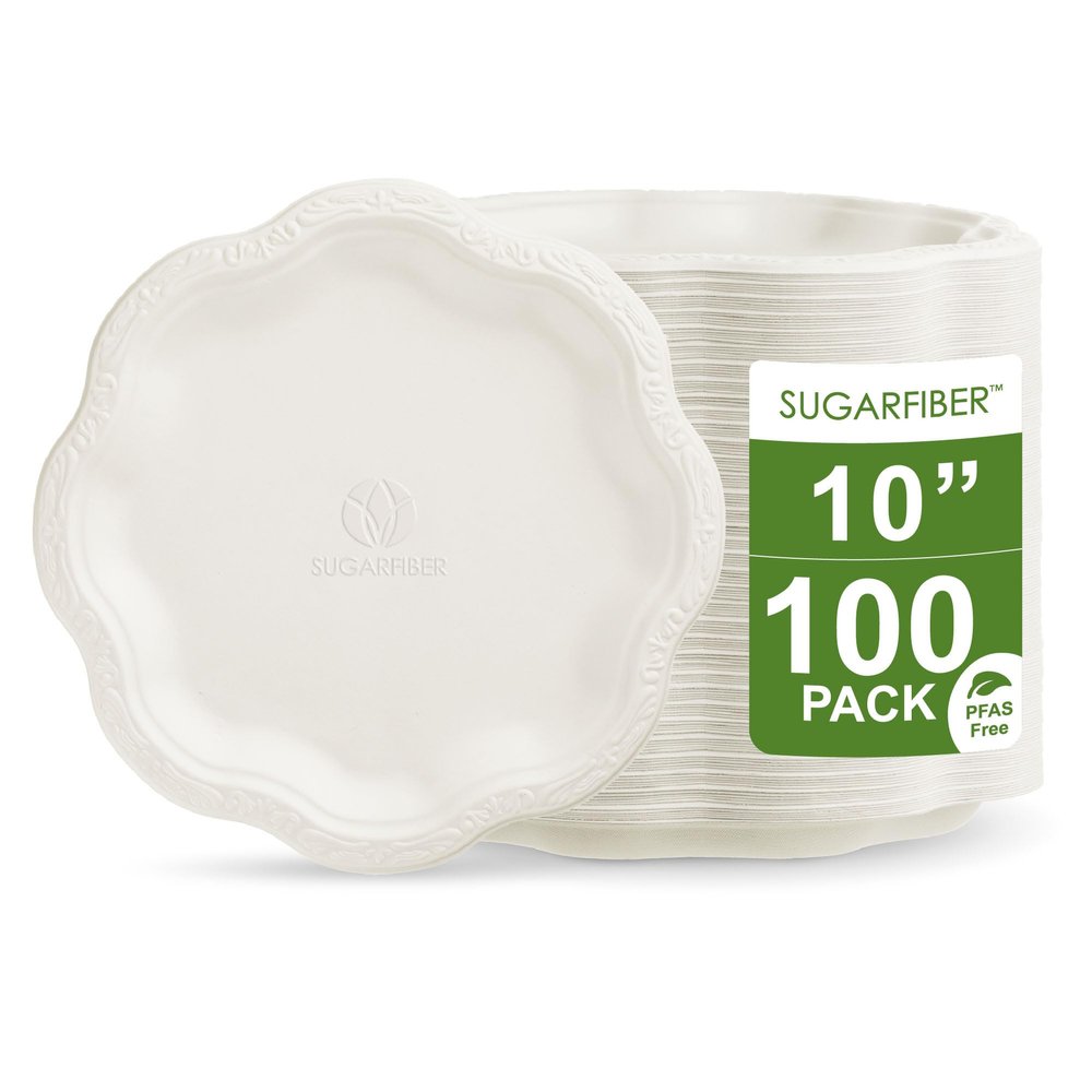 [100 COUNT] SUGARFIBER 10-inch Compostable PFAS Free Floral Paper Plates, White Floral Acanthus Collection Natural Sugarcane Disposable Bagasse Eco Friendly Wedding Dinner Plates Elegant, New Version