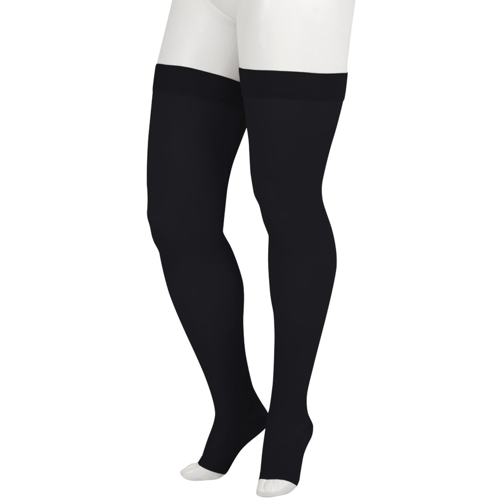 Juzo Soft 2001 Thigh-High, 20-30 mmHg, Open Toe Compression Stocking with Silicone Top Band for Men & Women, Short, 5 (V), Black