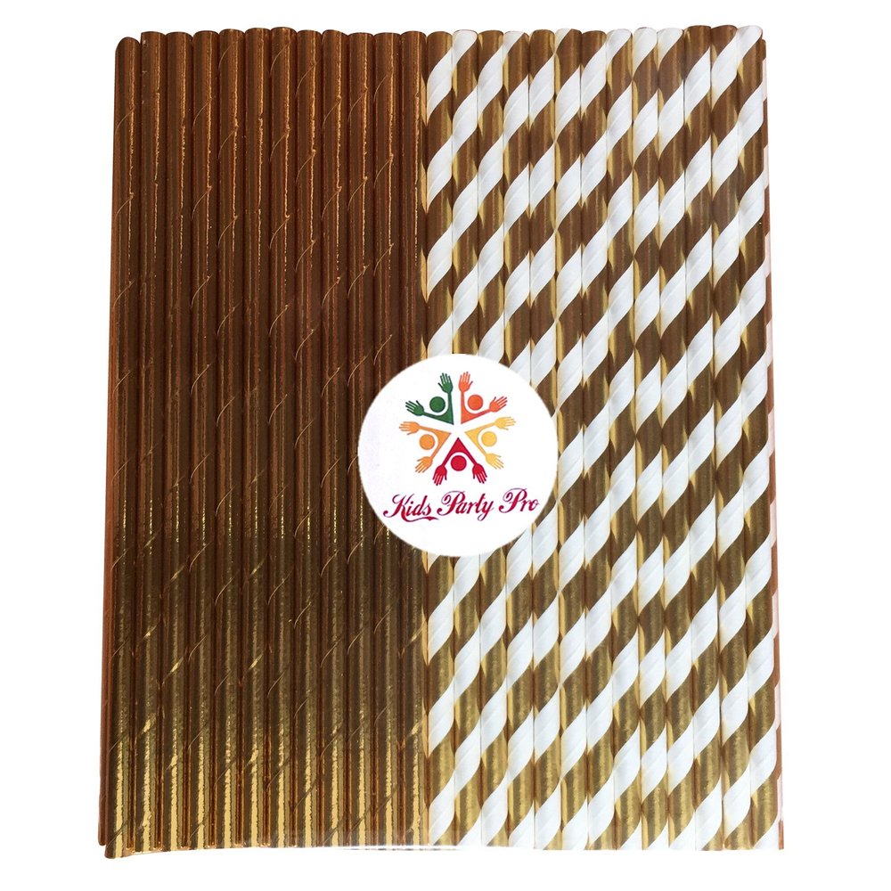 100 pcs Mixed Solid Plain Gold Foil and Gold Foil Striped Paper Straws, Glam Shiny Metallic Foil Beverage Paper Drinking Straws Bulk, Christmas Holiday 1st Birthday Party Baby Bridal Shower Wedding