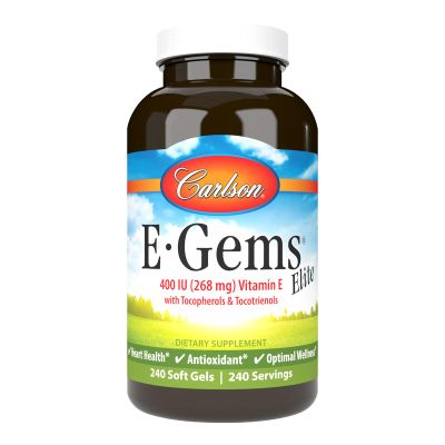 Carlson - E-Gems Elite, 400 IU Vitamin E with Tocopherols & Tocotrienols, Vitamin E Capsules, Heart Health & Optimal Wellness, Antioxidant, Vitamin E Supplement, 240 Softgels