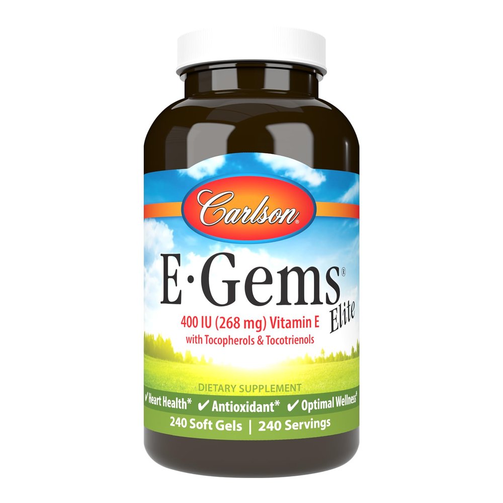 Carlson - E-Gems Elite, 400 IU Vitamin E with Tocopherols & Tocotrienols, Vitamin E Capsules, Heart Health & Optimal Wellness, Antioxidant, Vitamin E Supplement, 240 Softgels