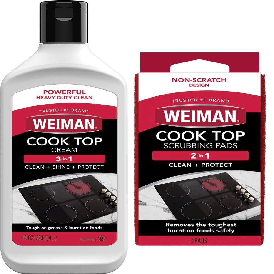 Weiman Ceramic and Glass Cooktop Cleaner - Heavy Duty Cleaner and Polish (10 Ounce Bottle and 3 Scrubbing Pads)