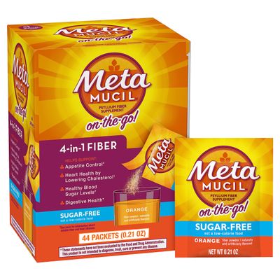 Metamucil On-the-Go Packets, Sugar-Free, 44 Packets, 4-in-1 Psyllium Husk Fiber Supplement, Orange Flavored, Individual Servings Great for Travel, Fiber Supplement for Digestive Health and Regularity