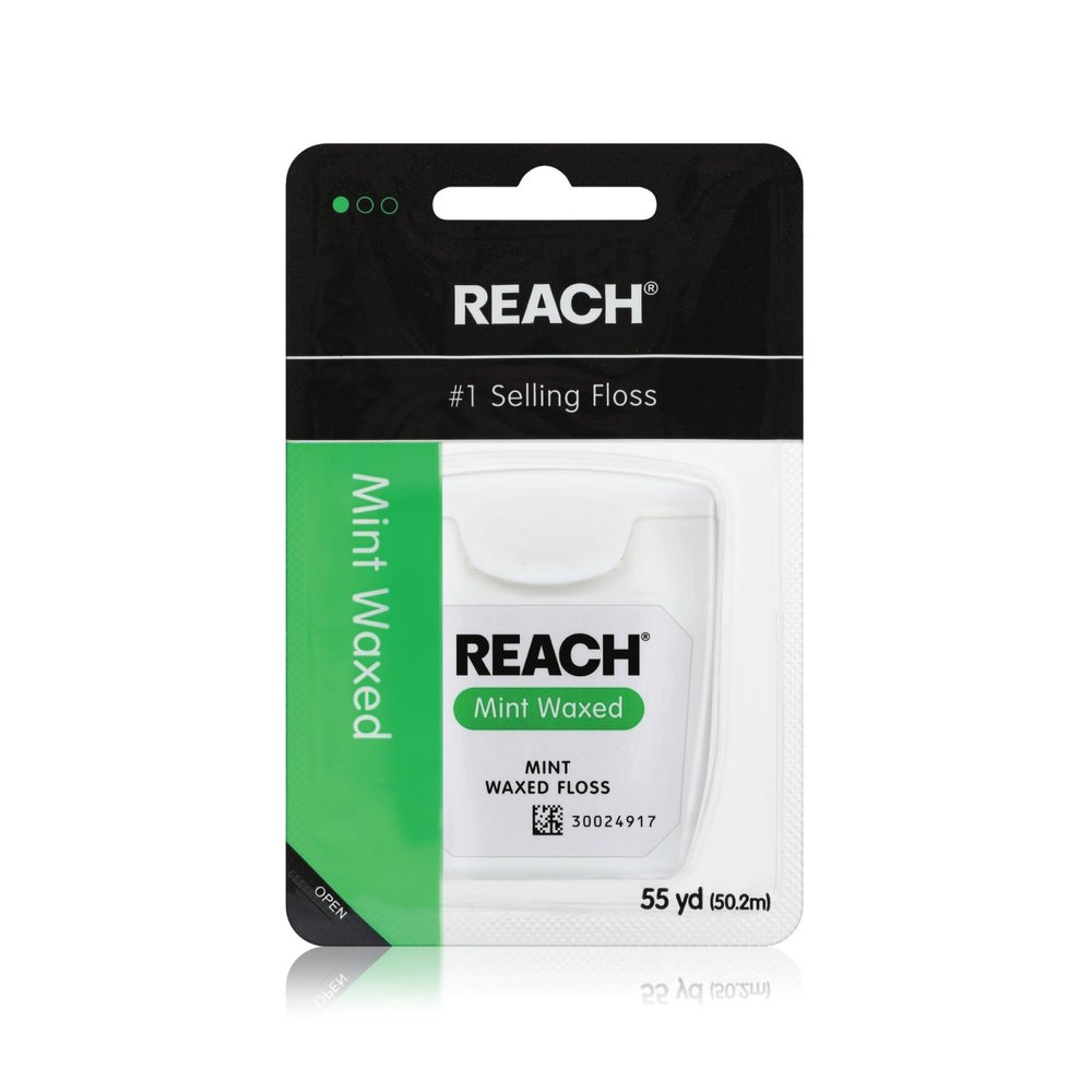 REACH Waxed Dental Floss, Mint, Plaque Remover for Teeth, Shred Resistant, Floss Slides Smoothly, Easy to Use, Waxed, Deep Cleaning Teeth, Oral Care, PFAS Free, for Adults & Kids, 1 Pack, 55 yd