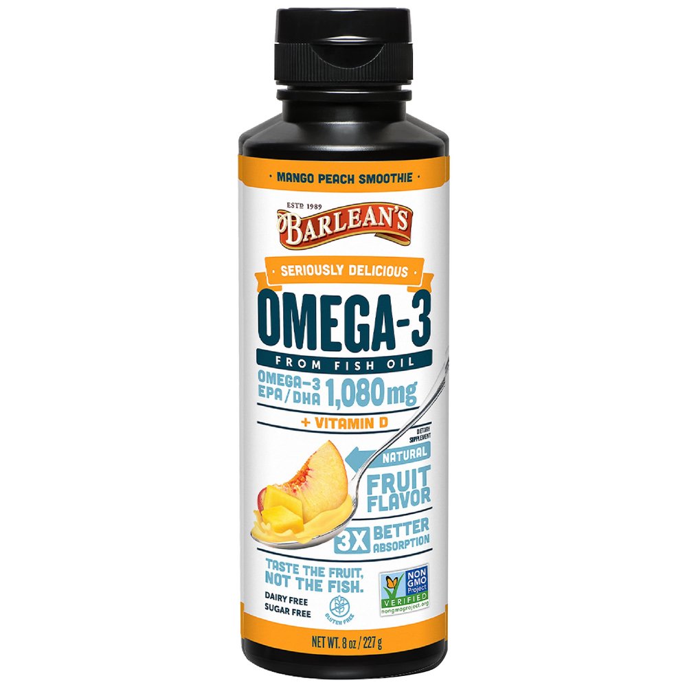 Barlean's Omega 3 Fish Oil Liquid Supplement with Vitamin D for Men and Women, 1080mg of EPA and DHA Fatty Acid, Promotes Brain & Heart Health - Non-GMO, Mango Peach, 8 oz