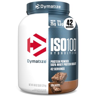 Dymatize ISO100 Whey Protein Powder Isolate, Fudge Brownie, 25g of Protein, 3 Pound, 5.5g BCAAs, Less Than 120 Cal., Gluten Free, 1g Fat, 1g Sugar, 2g Carb (42 Servings)