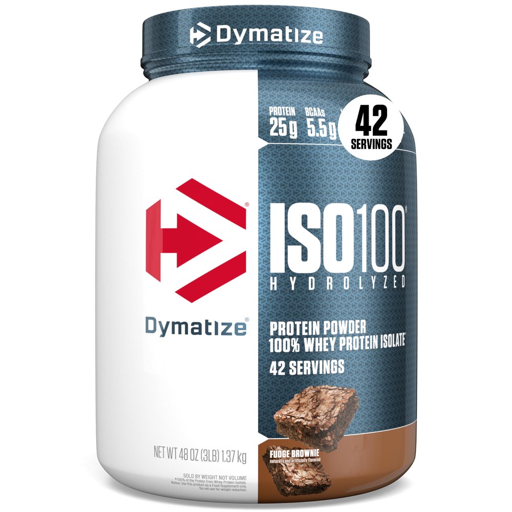 Dymatize ISO100 Whey Protein Powder Isolate, Fudge Brownie, 25g of Protein, 3 Pound, 5.5g BCAAs, Less Than 120 Cal., Gluten Free, 1g Fat, 1g Sugar, 2g Carb (42 Servings)