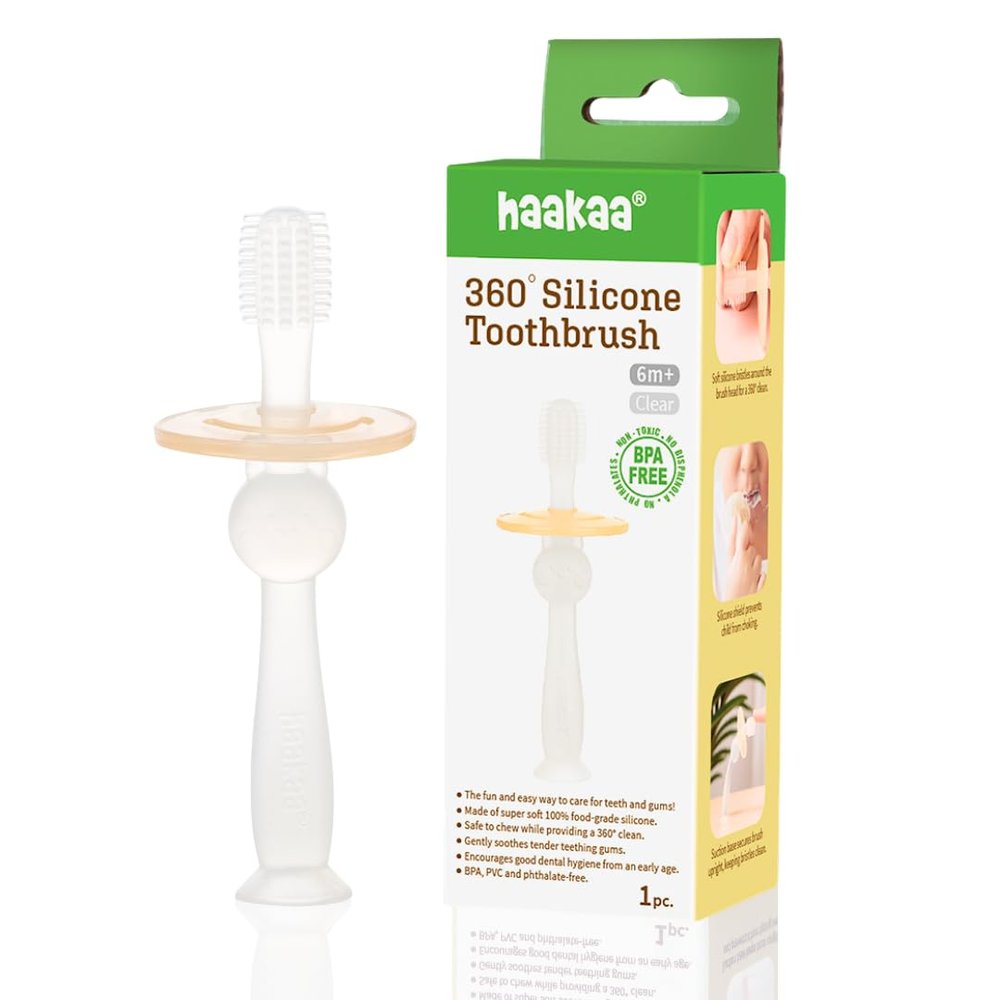 Haakaa 360 Silicone Baby Toothbrush  100% Soft Food Grade Silicone, BPA-Free, Suction Base, Safe for Babies 6 Months+, Gentle Gum and Teeth Cleaning for Infants, Gum Massager