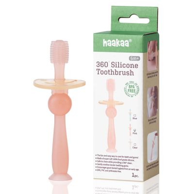 Haakaa 360 Silicone Baby Toothbrush  100% Soft Food Grade Silicone, BPA-Free, Suction Base, Safe for Babies 6 Months+, Gentle Gum and Teeth Cleaning for Infants, Gum Massager (Pink)