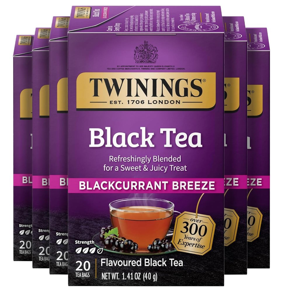 Twinings Blackcurrant Breeze Black Tea Individually Wrapped Bags, 20 Count (Pack of 6), Sweet, Tangy Taste, Caffeinated, Enjoy Hot or Iced, 120 Teabags