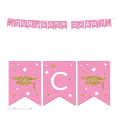Andaz Press Pink and Gold Glittering Graduation Party Collection, Hanging Pennant Party Banner with String, Congrats Grad!, 5-Feet, 1 Set