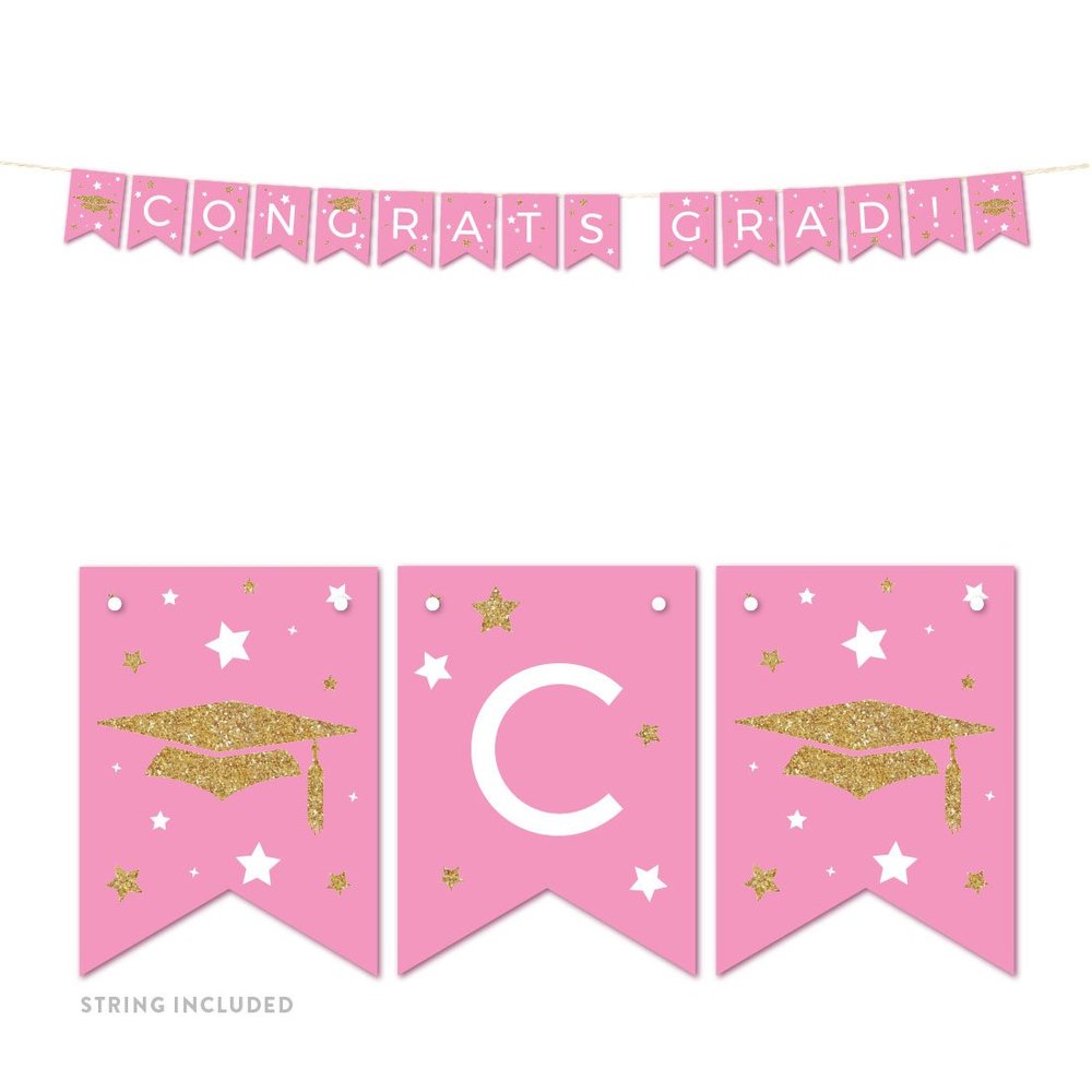Andaz Press Pink and Gold Glittering Graduation Party Collection, Hanging Pennant Party Banner with String, Congrats Grad!, 5-Feet, 1 Set