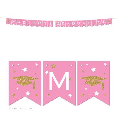 Andaz Press Pink and Gold Glittering Graduation Party Collection, Personalized Hanging Pennant Party Banner with String, Madison's Graduation, 5-Feet, 1 Set, Custom Name