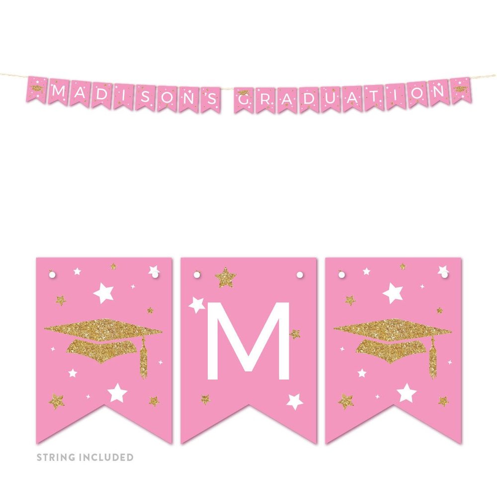 Andaz Press Pink and Gold Glittering Graduation Party Collection, Personalized Hanging Pennant Party Banner with String, Madison's Graduation, 5-Feet, 1 Set, Custom Name