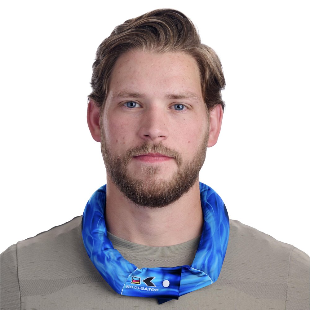 KOOLGATOR Evaporative Cooling Neck Wrap  Reusable Neck Cooler with Long Lasting Relief During Hot Weather Activities, Sports, & Outdoor Work, Flames: Blue & Red, 1 Pack