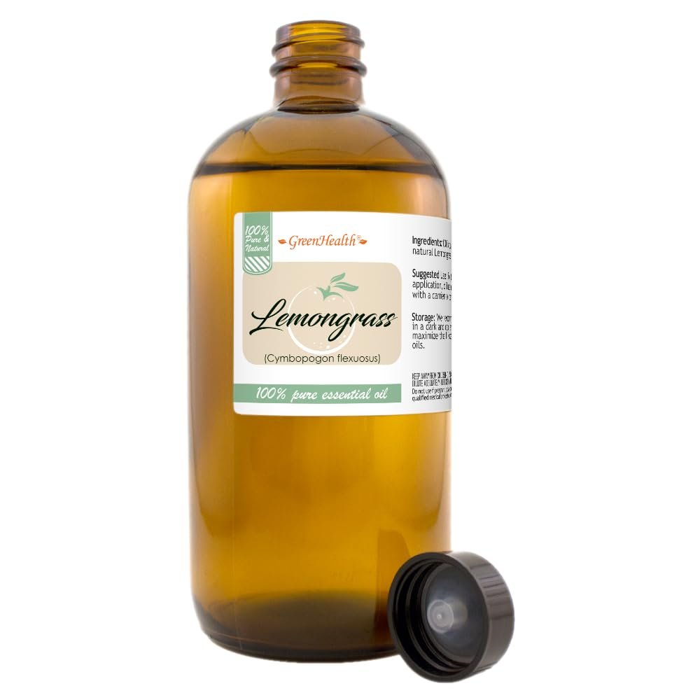 GreenHealth Lemongrass Essential Oil  16 fl oz (473 ml)  100% Pure & Uncut | Amber Glass Bottle for Aromatherapy, Cleaning, Candle Making & DIY Use