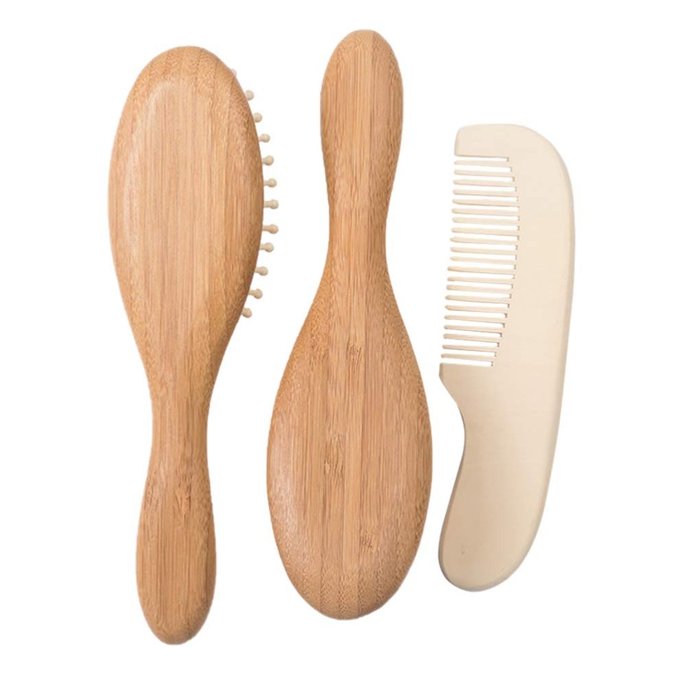 3PCS Wooden Hair Brush Comb Set Natural Goat Bristles Brush Hair Cleaning for Newborns Registry