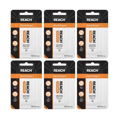 REACH Dentotape Waxed Dental Floss Tape, Unflavored, Extra Wide Floss, Shred & Frey Resistant, Plaque Remover for Teeth, Easy on Gums & Teeth, Oral Care, PFAS Free, for Adults & Kids, 6 Pack, 100 yd