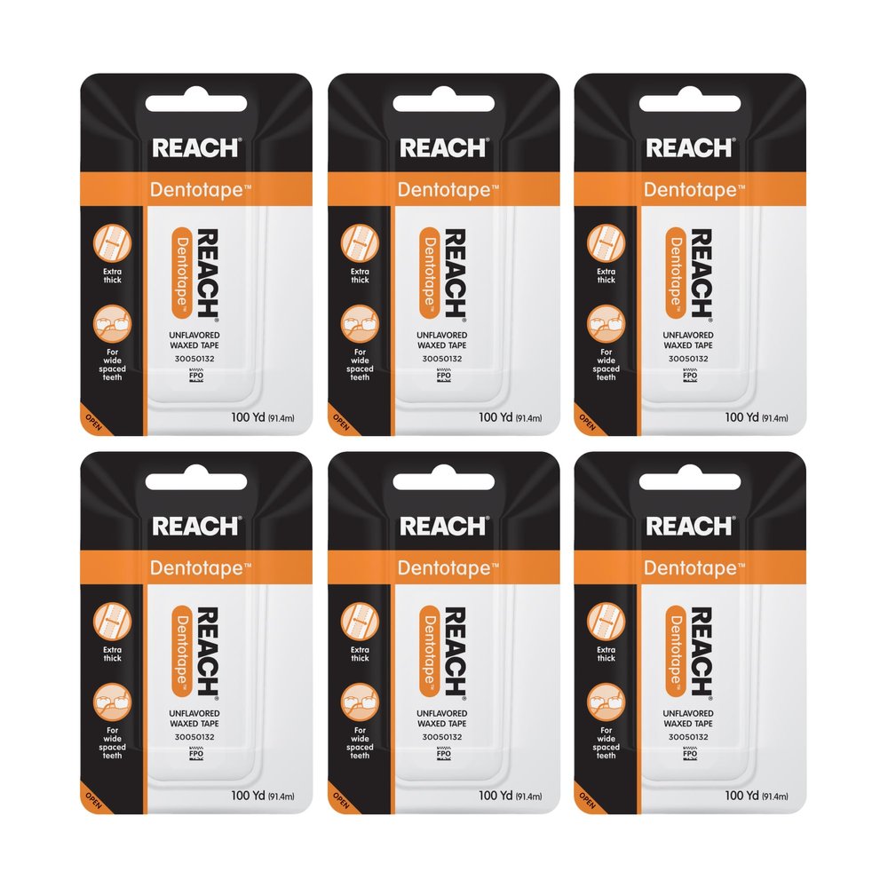 REACH Dentotape Waxed Dental Floss Tape, Unflavored, Extra Wide Floss, Shred & Frey Resistant, Plaque Remover for Teeth, Easy on Gums & Teeth, Oral Care, PFAS Free, for Adults & Kids, 6 Pack, 100 yd
