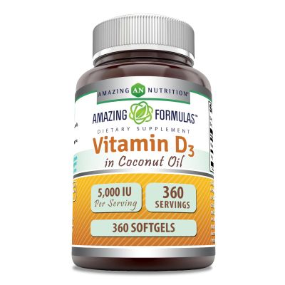 Amazing Formulas Vitamin D3 in Coconut Oil 5000 IU Supplement | Softgels | Non-GMO | Gluten-Free | Made in USA (1 Pack | 360 Count)