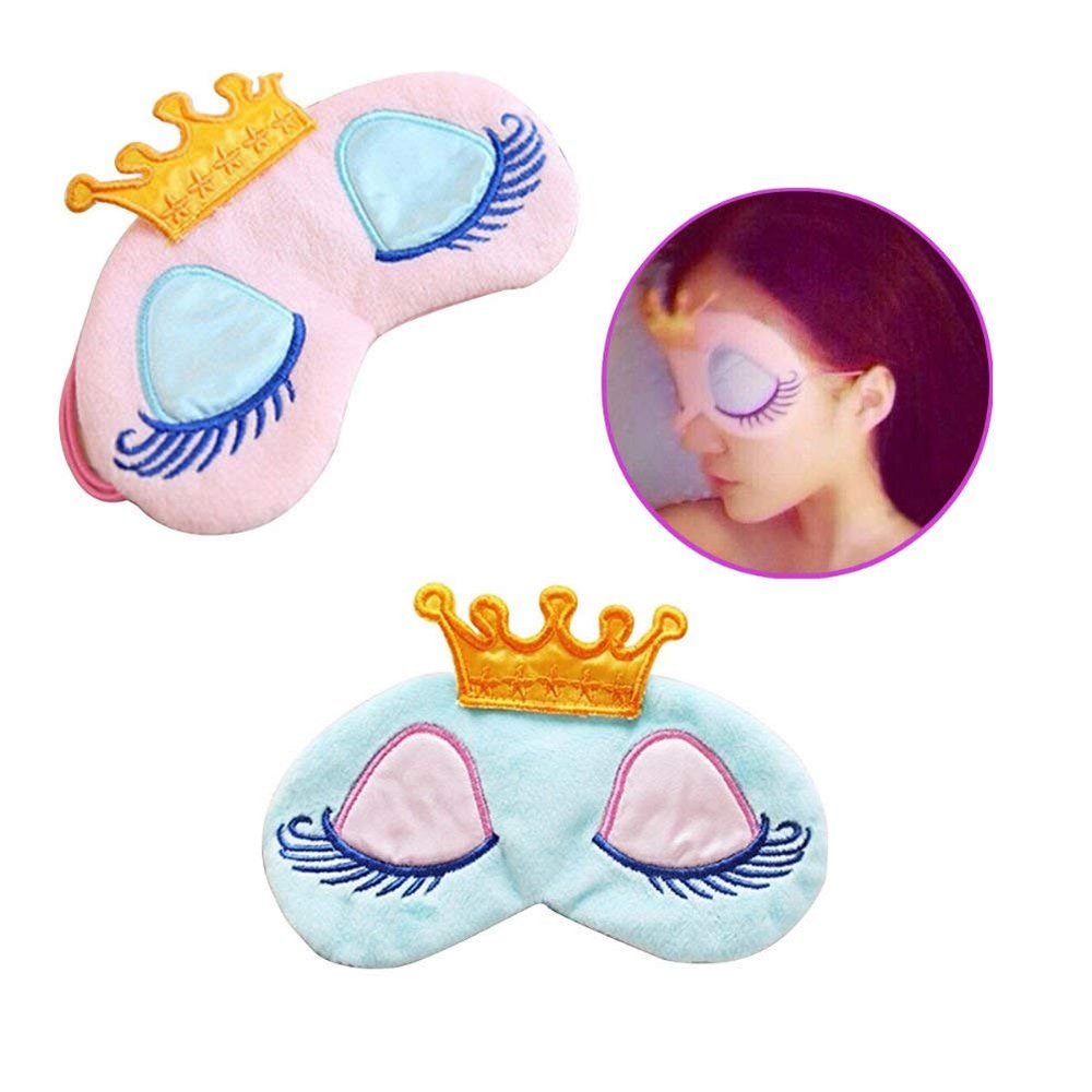 AKOAK Pack of 2 Cute Girl's Travel Princess Crown Sleeping Eye-Shade Blindfold Nap Cover Eye MaskPink+Light Blue