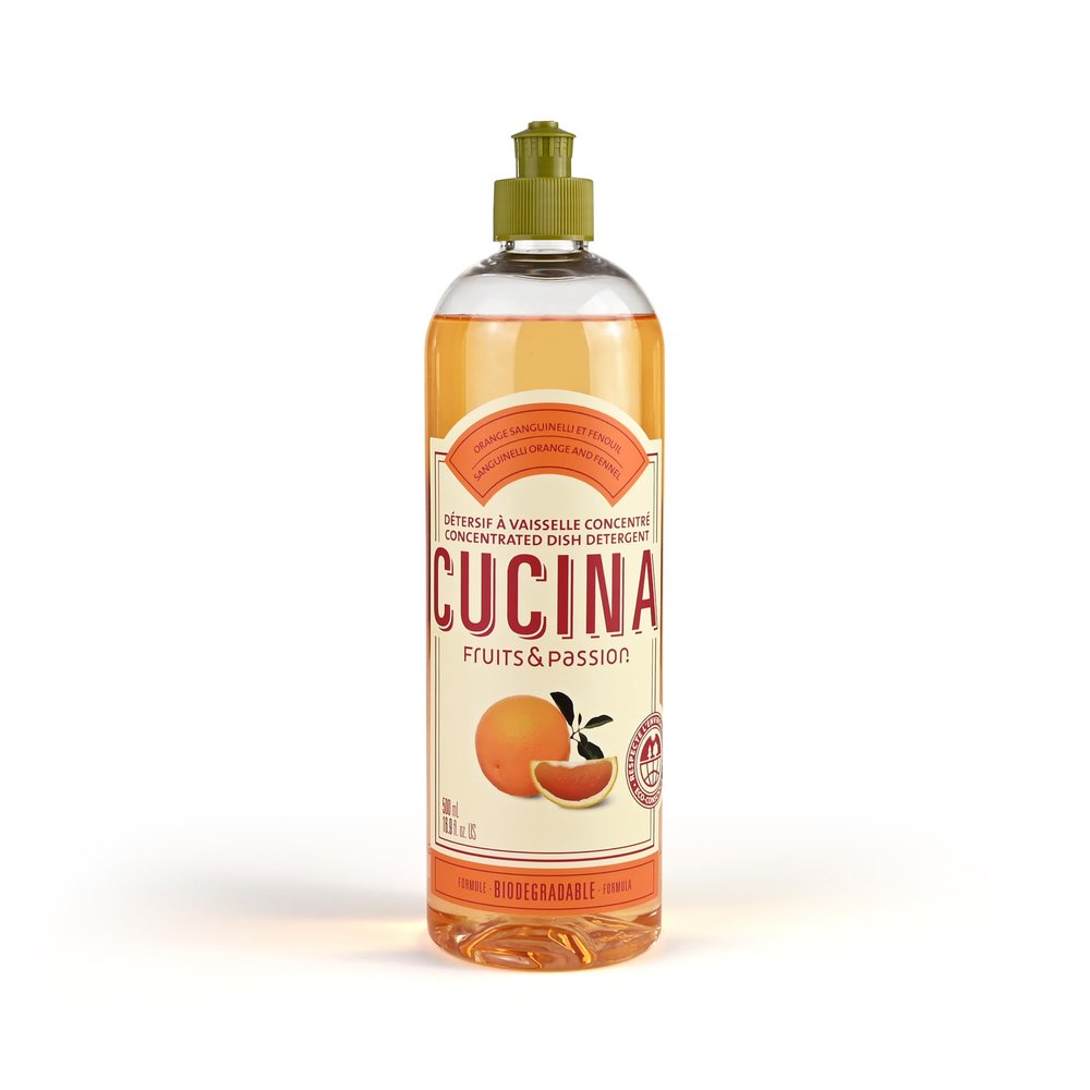 Cucina Fruits & Passion Concentrated Dish Soap, Sanguinelli Orange & Fennel, Gentle Liquid Dishwashing Detergent with Olive Oil, Vegan Formula in Refillable 16.9 fl oz Recyclable Bottle