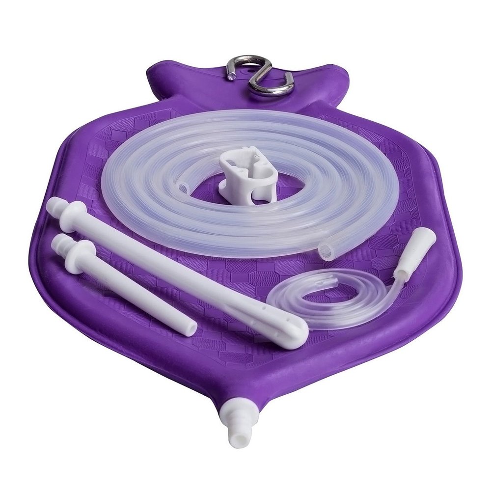 HealthAndYoga NaturoFlo Superior Enema Bag Kit with Silicone Tubing Hose and Fittings - 2 Quart Fountain Open top Kit for Fleet Enema and Anal Douche - Purple