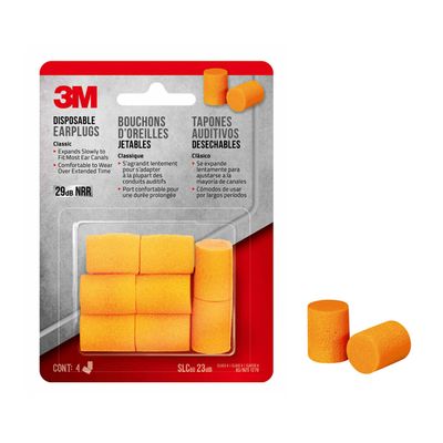 3M Disposable Classic Earplug, Noise Reduction Rating (NRR)29 dB, 4-Pair, 1-Pack, Orange