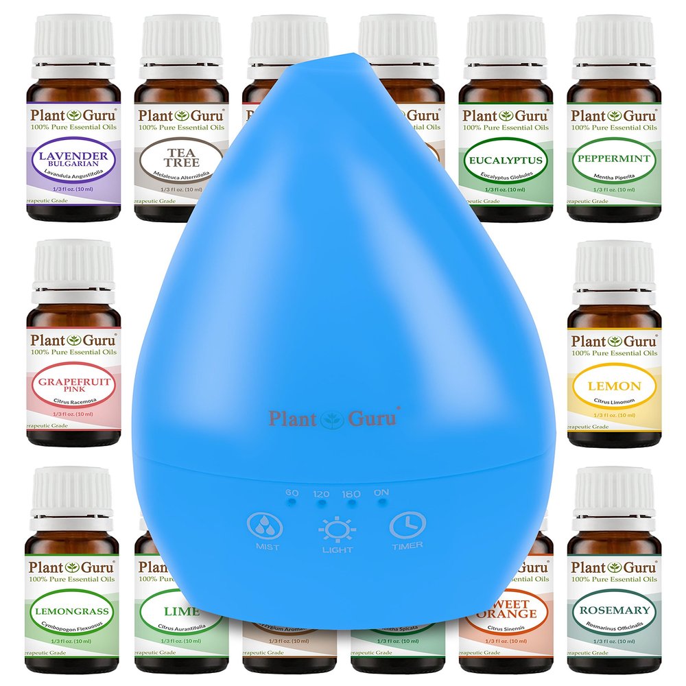Plant Guru Essential Oil Ultrasonic Diffuser White 200 ml. with 14-10 ml. Essential Oils Set for Beginners Touch Screen Auto Shut-Off and 7 Color LED Lights. Use in Home, Bedroom, Bathroom or Office