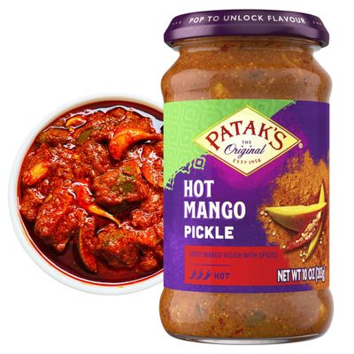 Pataks Hot Mango Pickle - Authentic Indian Relish w/Mango Chunks, Mustard Seeds & Aromatic Spices  Perfect for Sandwiches, Salads & Cold Meats - Vegan Spicy Pickle - 10oz Jar (Pack of 6)