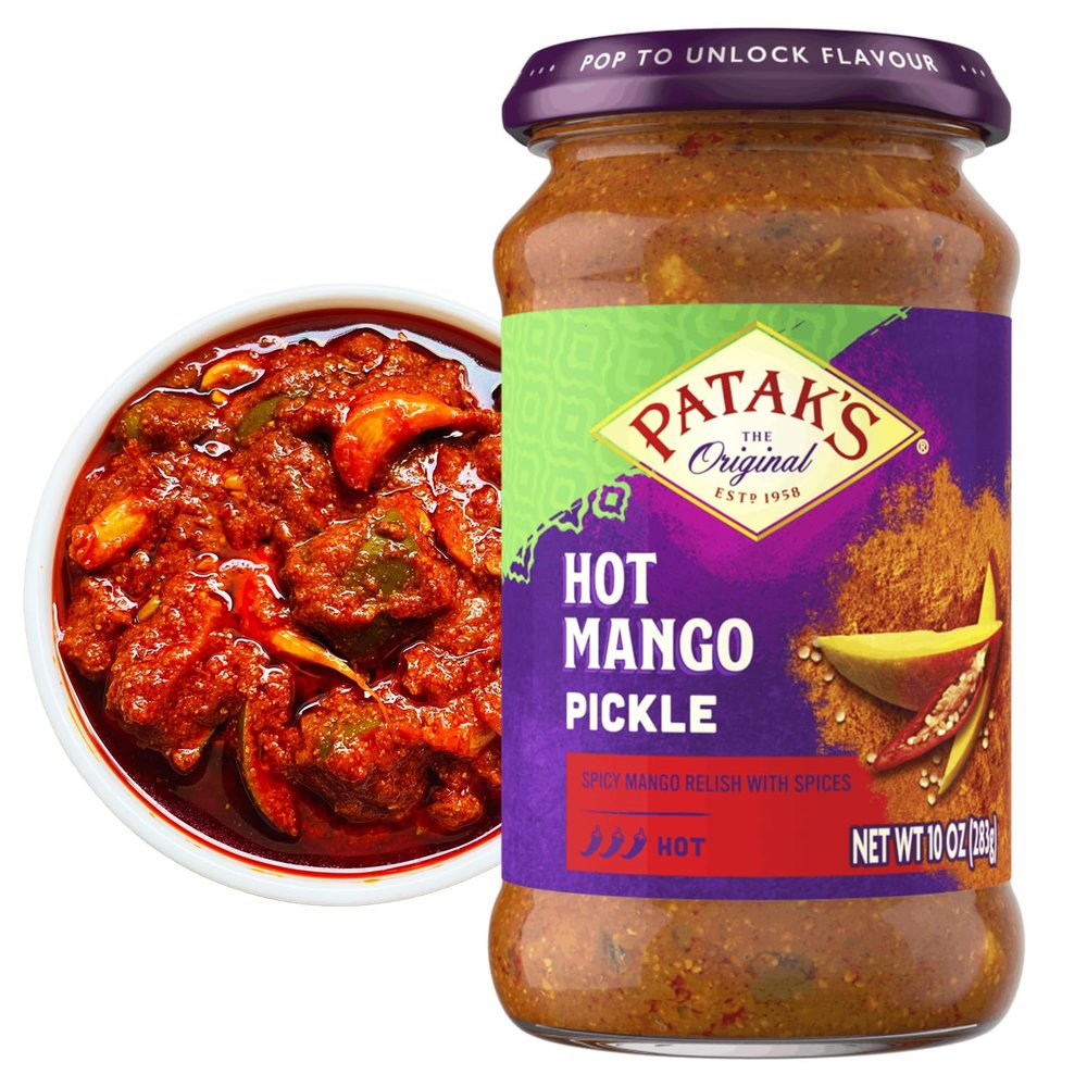 Pataks Hot Mango Pickle - Authentic Indian Relish w/Mango Chunks, Mustard Seeds & Aromatic Spices  Perfect for Sandwiches, Salads & Cold Meats - Vegan Spicy Pickle - 10oz Jar (Pack of 6)