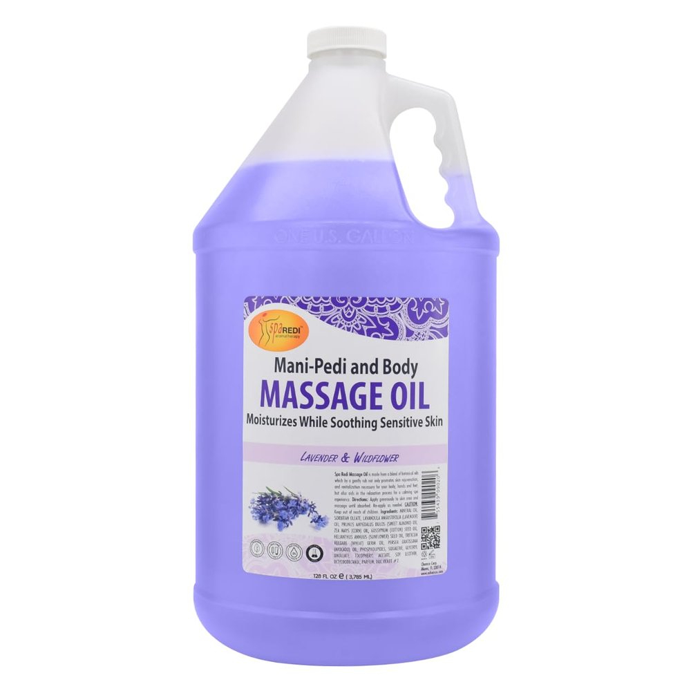SPA REDI - Massage Oil, Lavender Wildflower, 128 Oz Professional Pedicure, Manicure, Full Body Massage Therapy, with Almond Oil, Cotton Seed Oil, Sunflower Oil, Avocado Oil, Essential Oils, Vitamin E