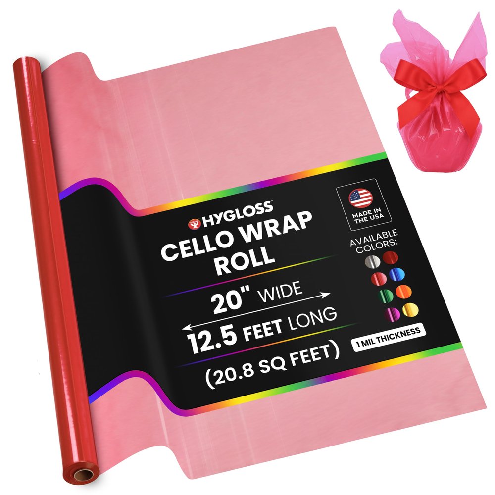 Hygloss Products Roll Cellophane Wrap for Crafts, Gifts, and Baskets 20 Inch x 12.5 Feet, Pink