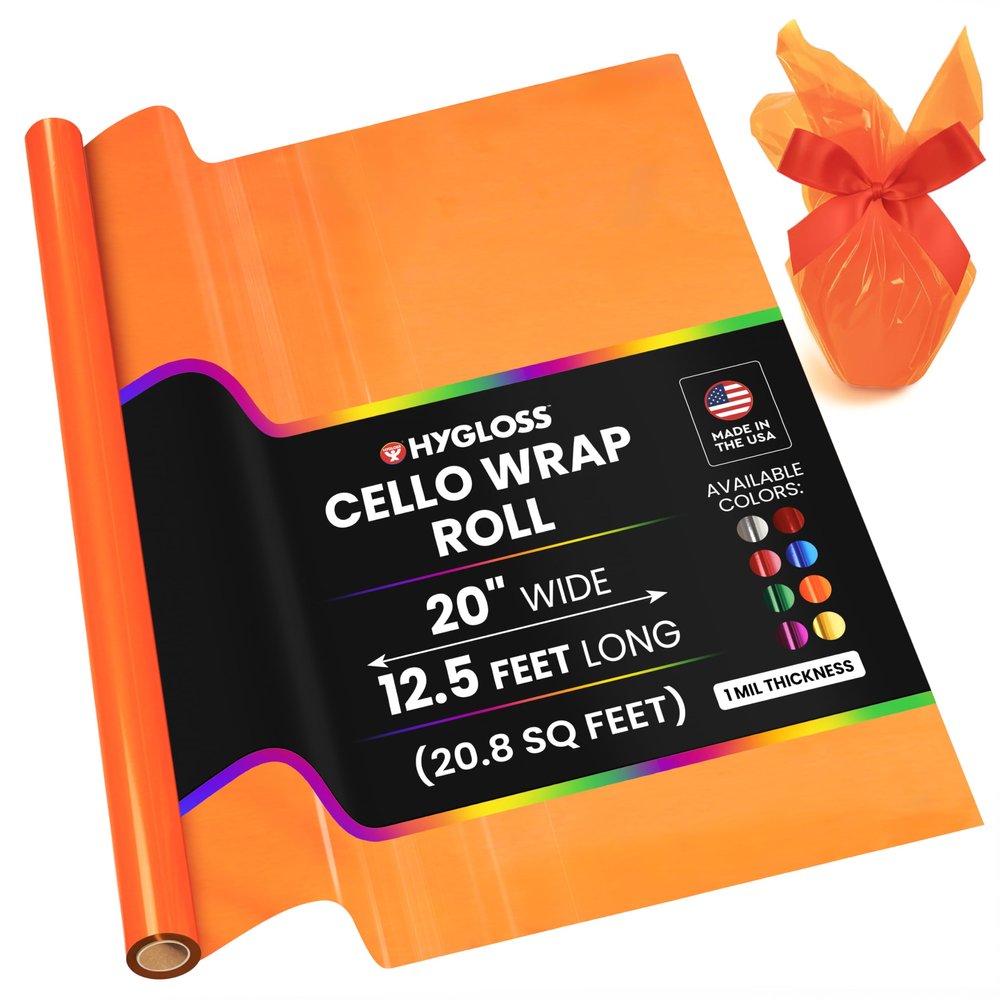 Hygloss Products Roll Cellophane Wrap for Crafts, Gifts, and Baskets 20 Inch x 12.5 Feet, Orange