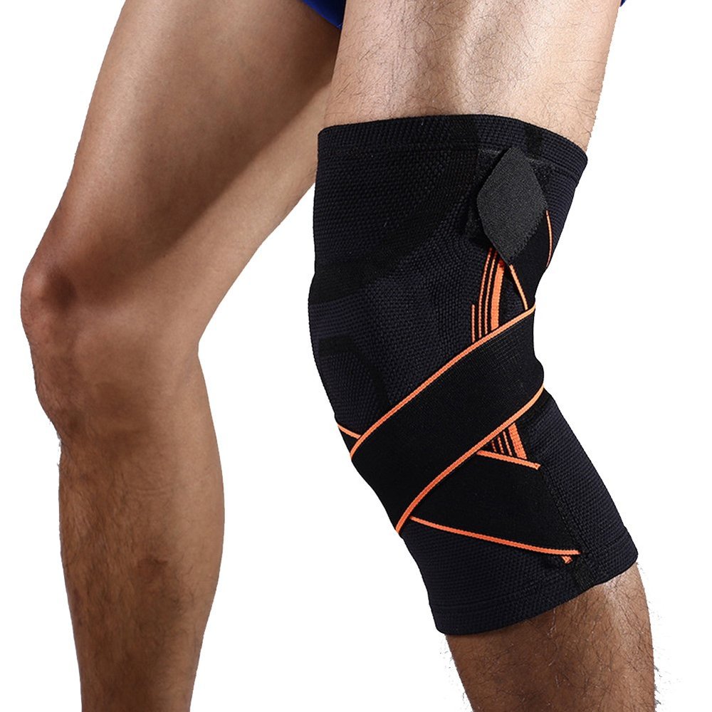 Dofover Knee Compression Sleeve with Pressure Strap 3D Weaving Pressurization Knee Brace Knee Support Professional Protective, Joint Pain Relief, Injury Recovery-Single (S, Black Orange)
