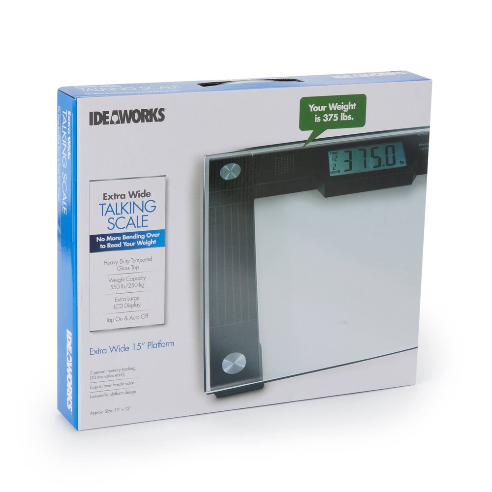 Ideaworks JB5824 Extra Wide Talking Scale-Visual & Voice Display Scale- 550 Pounds Max-Tamper Glass-Extra Wide Width-Large LCD Display-Tap On & Off Auto Function