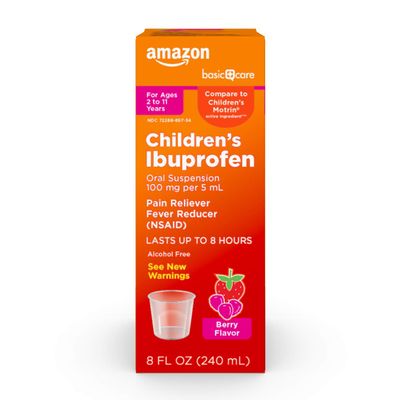 Amazon Basic Care Children's Ibuprofen Oral Suspension, 100 mg per 5 mL, Pain Reliever and Fever Reducer, Berry Flavor, For Sore Throat, Headache Relief and More, 8 fl oz (Pack of 1)
