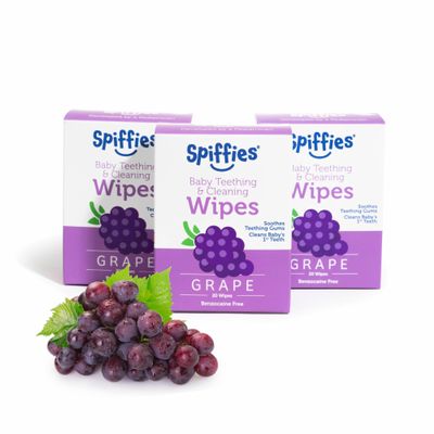Spiffies Baby Teeth Wipes - Grape Flavor, Xylitol-Enriched Baby Gum Cleaner & Dental Wipes for Teething Relief and Teeth Cleaning - Safe for Infants & Toddlers, 20 Count (Pack of 3)