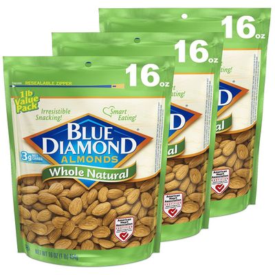 Blue Diamond Almonds Whole Natural Raw Snack Nuts, 16 Oz Resealable Bags (Pack of 3)
