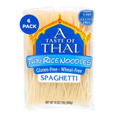 A Taste of Thai Spaghetti Rice Noodles (Thin & Straight Cut)| Restaurant-Quality Thai Flavor in Minutes | Vegan, Gluten-Free, Wheat Free, Non-GMO| For Stir-Fries, Soups & Asian Dishes 16 oz, 6 Pack