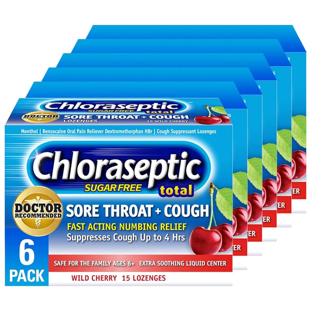 Chloraseptic Sugar-Free Total Sore Throat & Cough Lozenges, Wild Cherry, Cough Drops with Liquid Center to Numb Sore Throat for Up to 4 Hours, 15 Count, Pack of 6