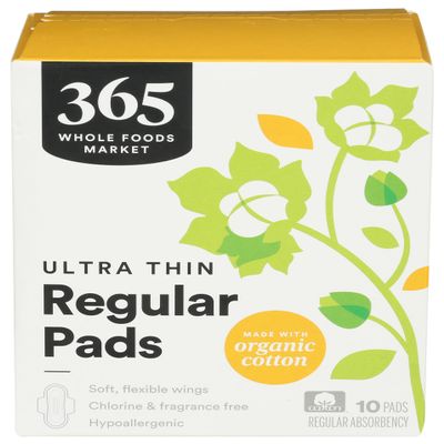 365 by Whole Foods Market, Ultra Thin Pads with Wings, Regular Absorbency, Made with Organic Cotton, 10 Count