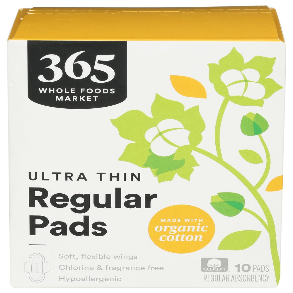 365 by Whole Foods Market, Ultra Thin Pads with Wings, Regular Absorbency, Made with Organic Cotton, 10 Count